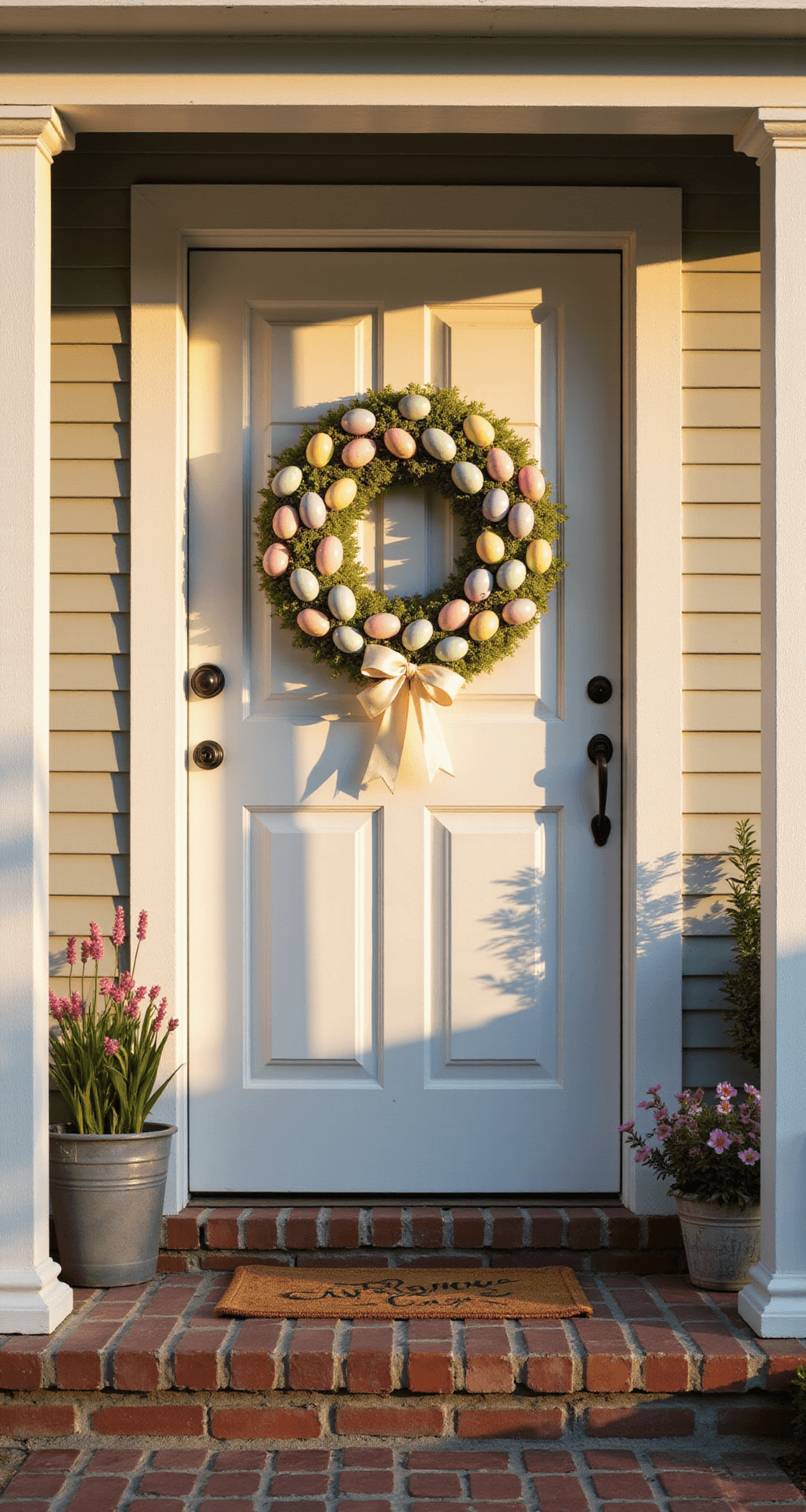 Easter Egg Wreath: Your 30-Minute Gateway to Spring Curb Appeal Photorealistic front entrance of a farmhouse-style home at golden hour, featuring a pastel-colored Easter egg wreath on a white door, surrounded by brick steps, spring flowers, and a vintage bench, with warm light filtering through trees.