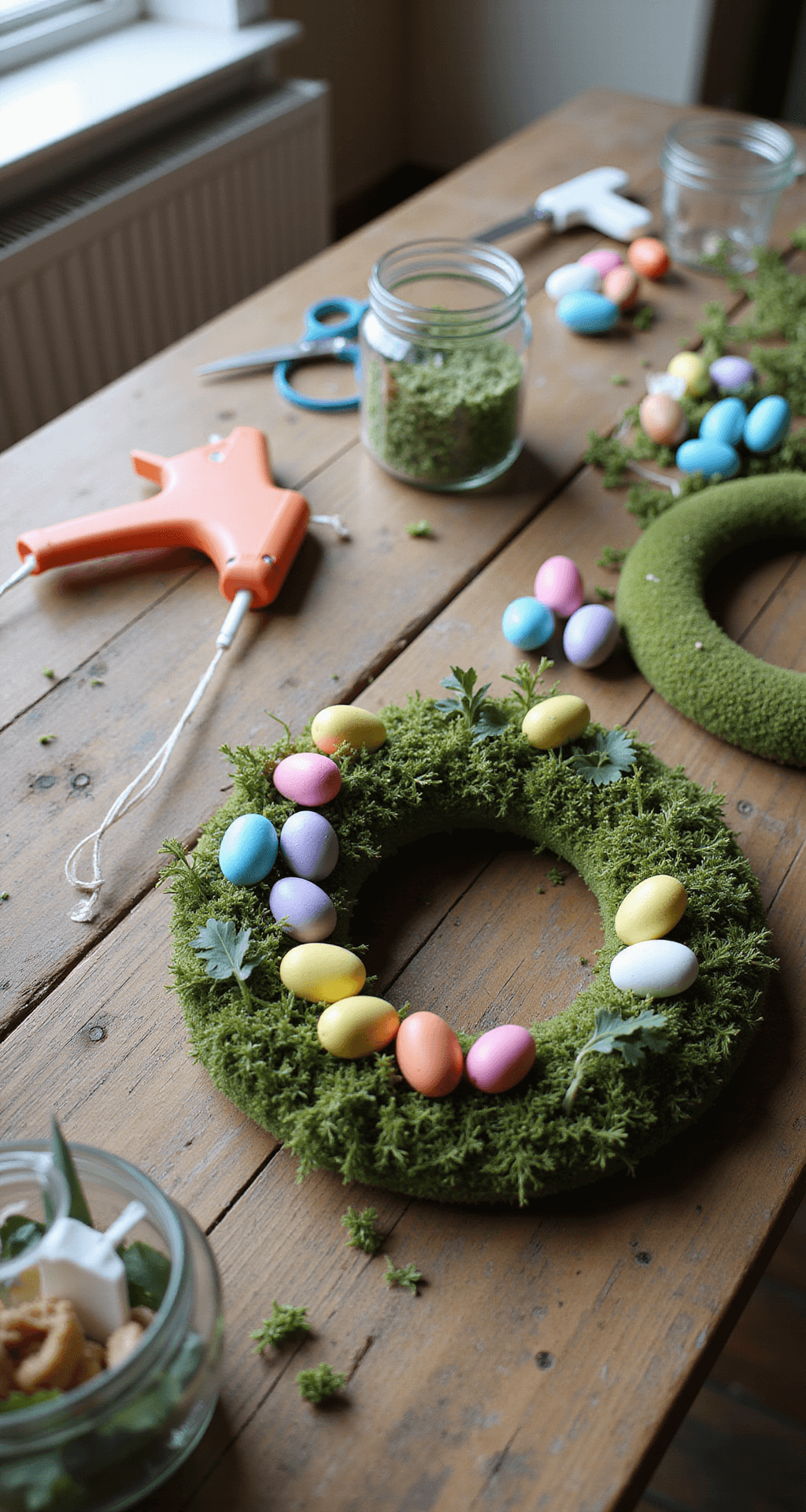 Easter Egg Wreath: Your 30-Minute Gateway to Spring Curb Appeal Close-up of a rustic farmhouse table in bright morning light, displaying an Easter wreath-making scene with colorful plastic eggs, a hot glue gun, Spanish moss, and a partially completed foam wreath surrounded by crafting supplies.