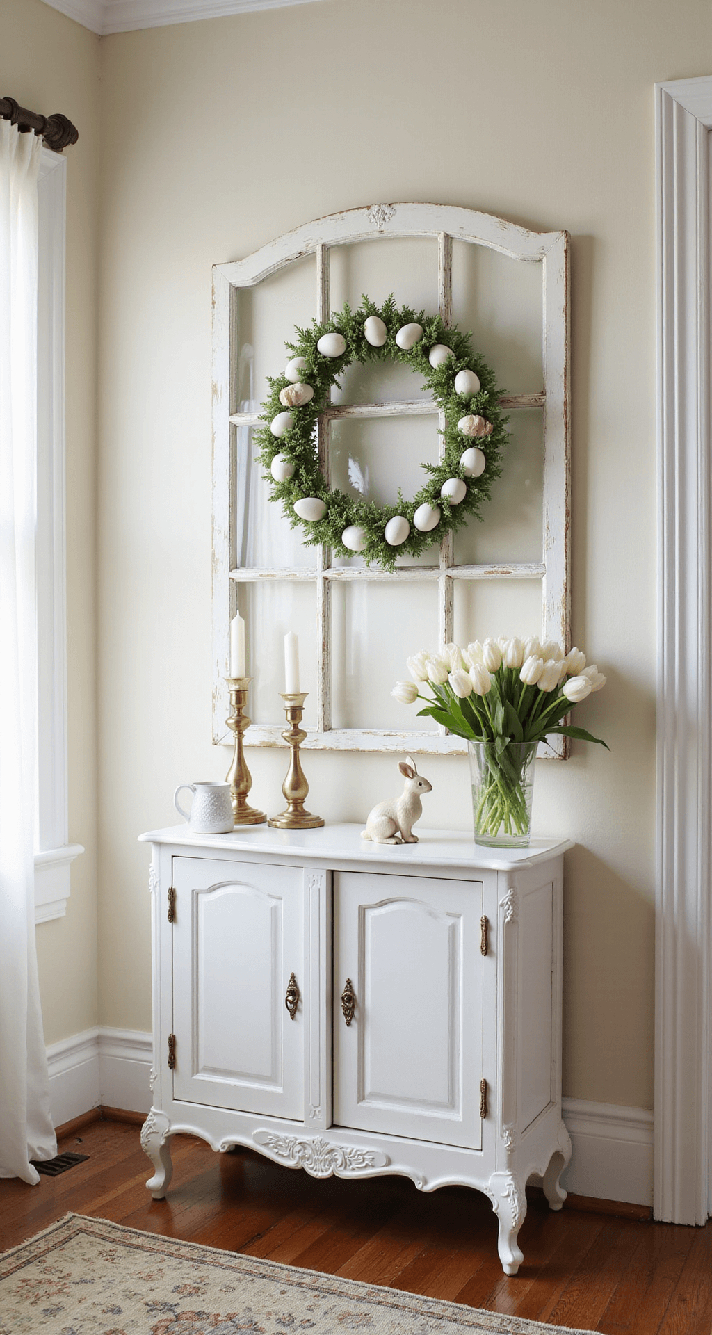 Easter Egg Wreath: Your 30-Minute Gateway to Spring Curb Appeal Elegant entryway featuring a monochromatic white Easter egg wreath with greenery accents above a white console table, adorned with vintage brass candlesticks, a ceramic bunny, and fresh tulips in a mercury glass vase, bathed in soft morning light with cream walls and a vintage Persian runner.