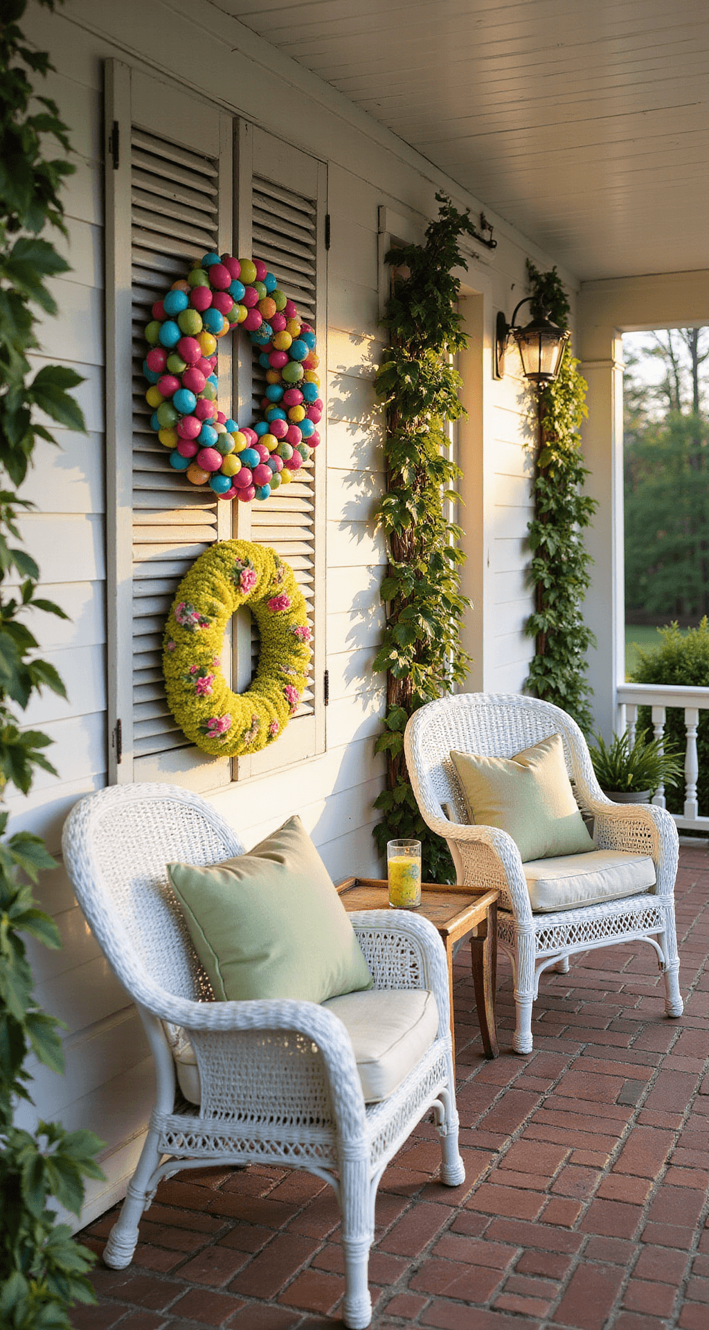 Easter Egg Wreath: Your 30-Minute Gateway to Spring Curb Appeal Cozy porch scene with colorful Easter egg wreaths on wooden shutters, vintage wicker furniture, climbing jasmine vines, and warm golden hour lighting.