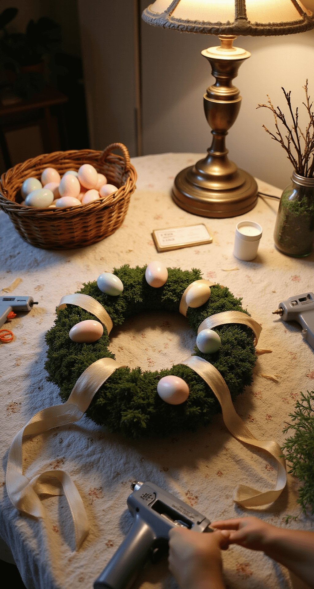 Easter Egg Wreath: Your 30-Minute Gateway to Spring Curb Appeal Intimate evening crafting scene with warm lamp light, showcasing hands creating loops with cream-colored ribbon for an Easter wreath on a vintage quilt-covered table, surrounded by crafting supplies and a finished wreath with pastel eggs and Spanish moss accents.