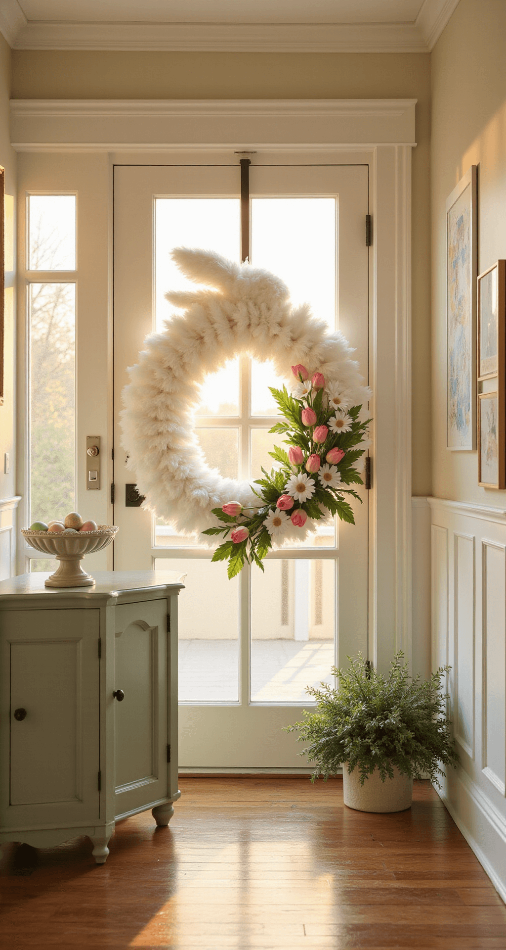 How to Make a Show-Stopping Easter Bunny Wreath from Dollar Tree for Under $10 Photorealistic interior of a bright foyer with cream walls and white wainscoting, featuring a fluffy Easter bunny wreath on the glass front door, warm sunlight across hardwood floors, a sage green console table with pastel Easter eggs.