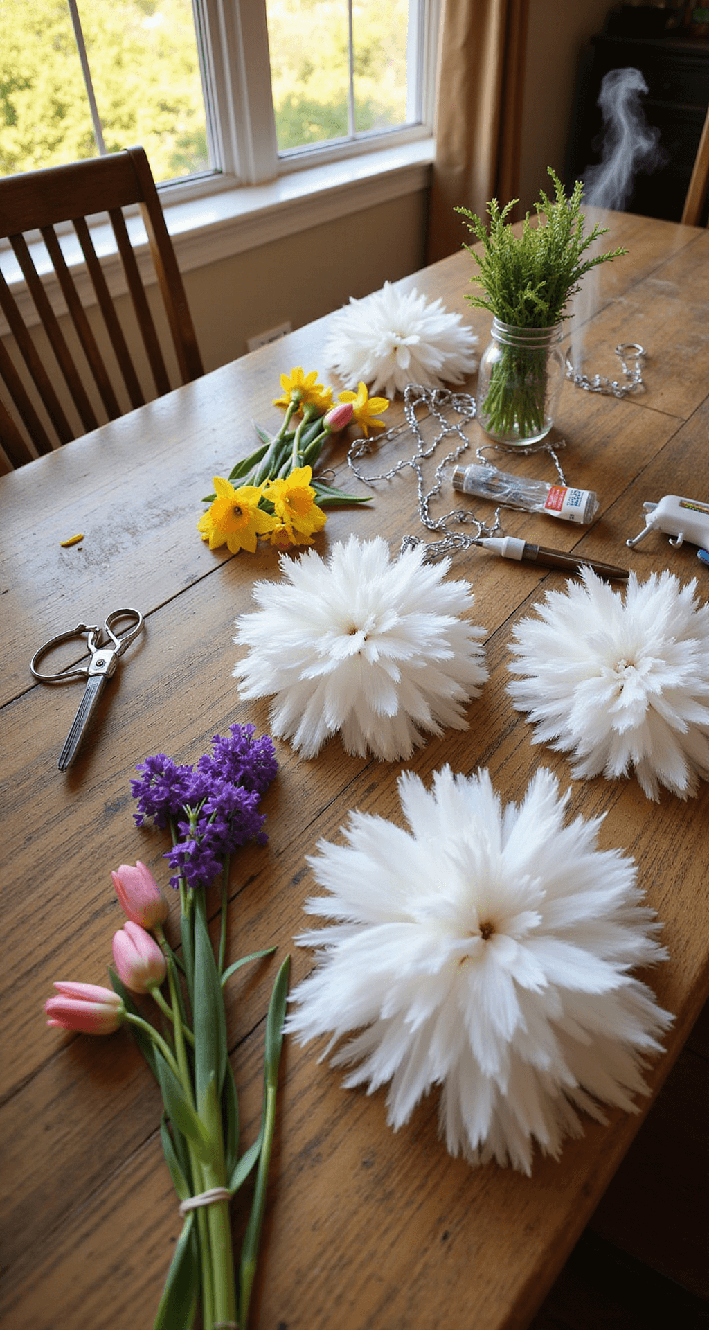 How to Make a Show-Stopping Easter Bunny Wreath from Dollar Tree for Under $10 Close-up of a rustic oak dining table filled with Dollar Tree craft supplies, featuring six fluffy white feather duster mop heads, a wire bunny frame, a steaming hot glue gun, wire cutters, fabric scissors, and colorful spring flower stems including pink tulips, yellow daffodils, and purple hyacinth, all illuminated by warm afternoon light with a focus on the textures and details of the materials.