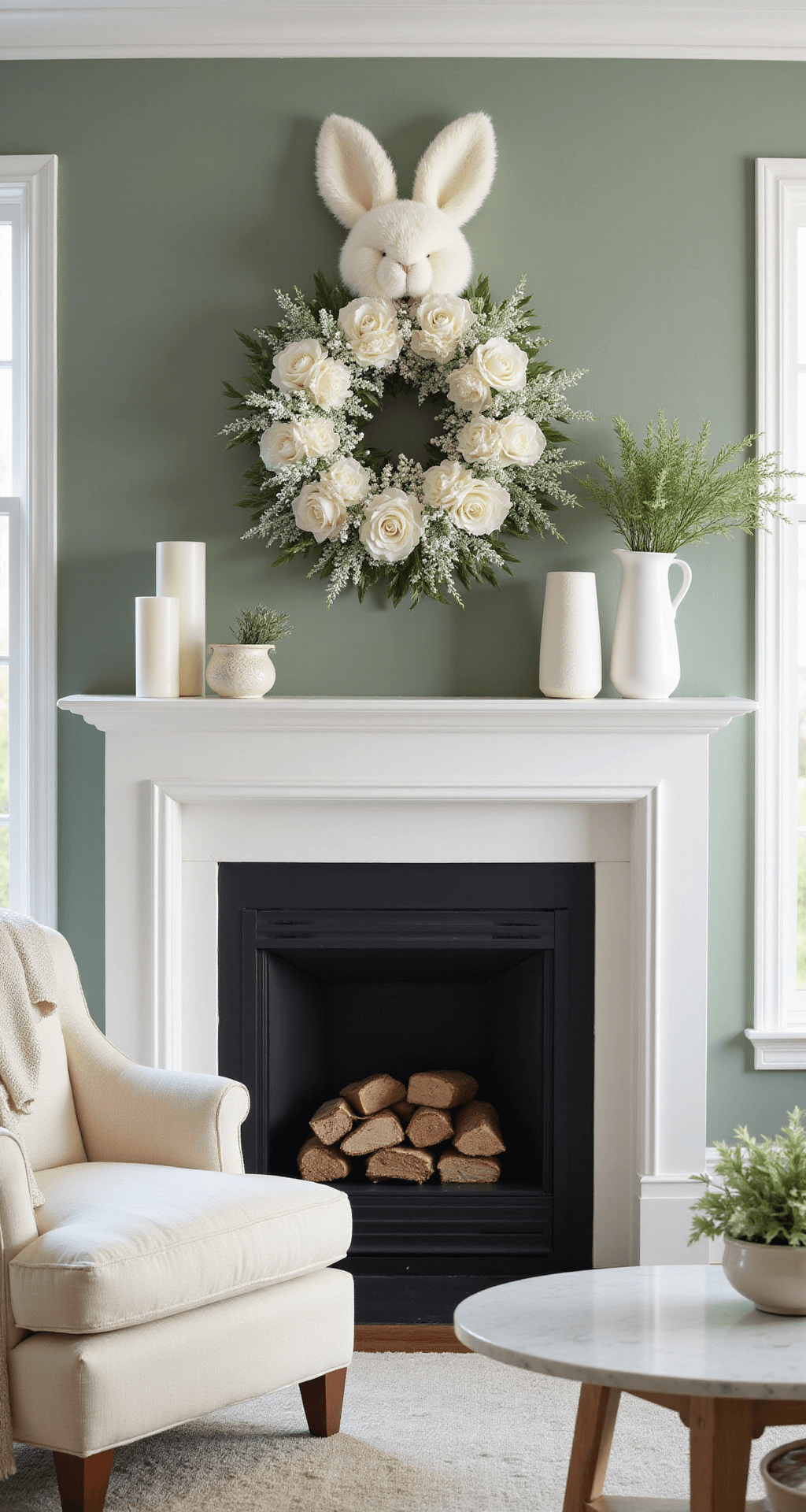 How to Make a Show-Stopping Easter Bunny Wreath from Dollar Tree for Under $10 Elegant living room featuring a monochrome Easter bunny wreath on a sage green wall above a white fireplace, with soft morning light casting shadows. The wreath consists of white roses, baby's breath, and silver-green eucalyptus. The mantel is styled with white ceramic vases, pillar candles, and potted herbs, alongside a plush cream armchair draped with a linen throw.