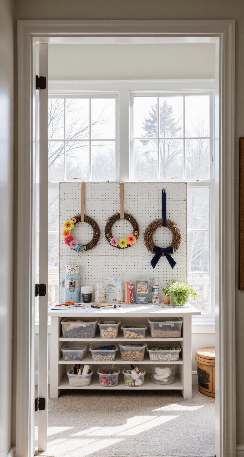 How to Make a Show-Stopping Easter Bunny Wreath from Dollar Tree for Under $10 Bright craft room featuring pegboard walls and organized supplies, illuminated by natural daylight. A work station displays three bunny wreath variations: pastel rainbow flowers, rustic grapevine with rope, and a navy velvet bow tie version. Below, a white craft table holds organized Dollar Tree supplies in clear containers, measuring tools, and cork board reference photos, creating an inspiring, productive atmosphere.