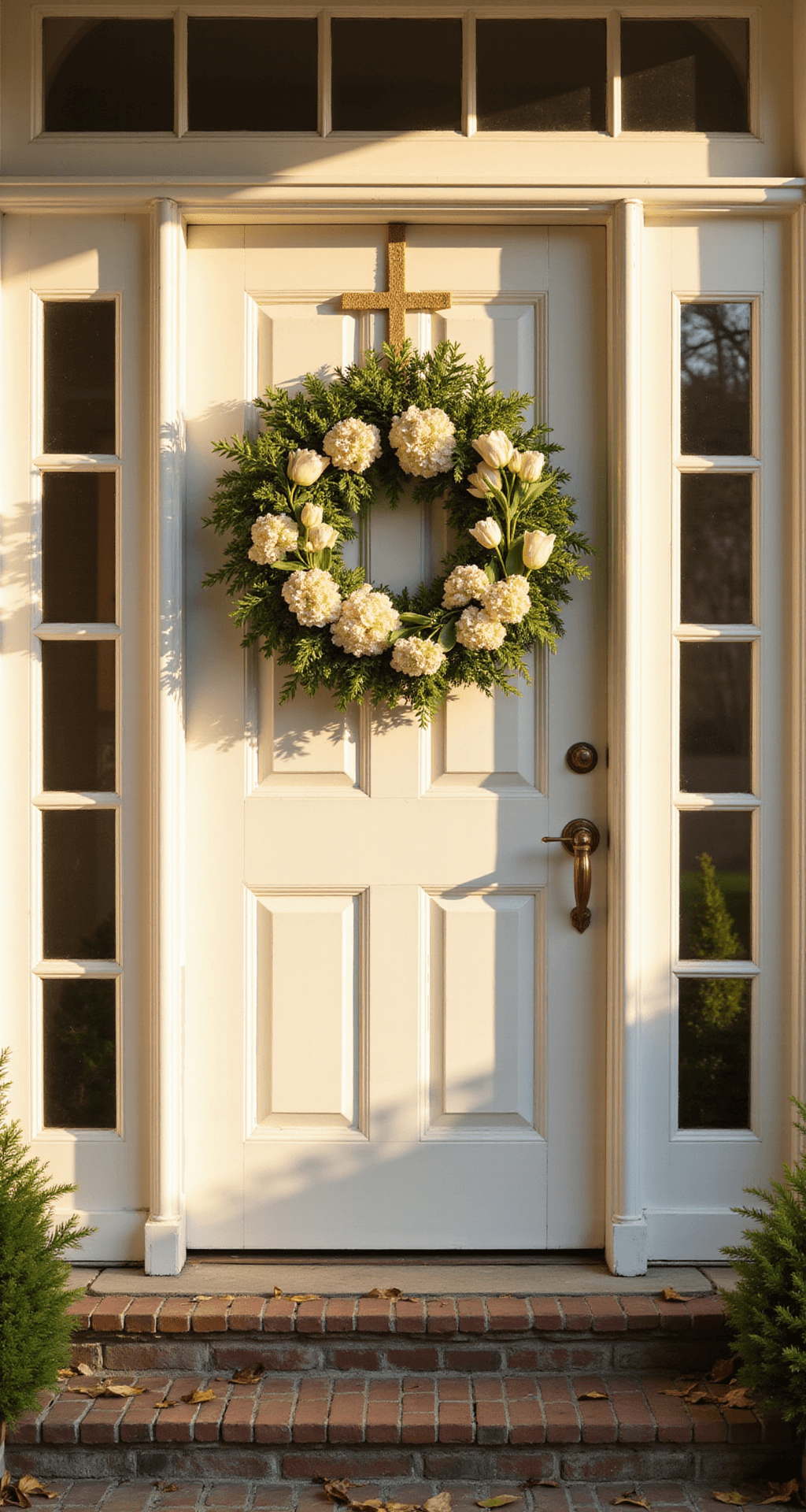 The Front Door Cross Wreath That Finally Made My Neighbors Stop and Stare Photorealistic image of an elegant front entryway at golden hour, featuring a tall white colonial door with six raised panels and brass hardware, adorned with a fresh floral wreath. Warm sunlight illuminates the covered porch with white columns, weathered brick steps, and a slate gray porch floor scattered with autumn leaves, creating a welcoming and serene atmosphere.