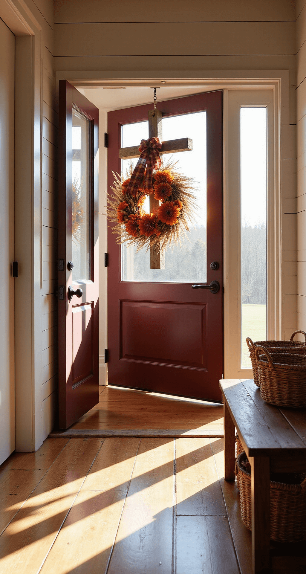 The Front Door Cross Wreath That Finally Made My Neighbors Stop and Stare Photorealistic interior hallway view from inside a farmhouse, featuring a deep burgundy front door with a DIY cross wreath made of burnt orange chrysanthemums and deep red berries, warm amber light filtering through sidelights onto distressed hardwood floors, framed by white shiplap walls and a vintage wooden bench with woven baskets.