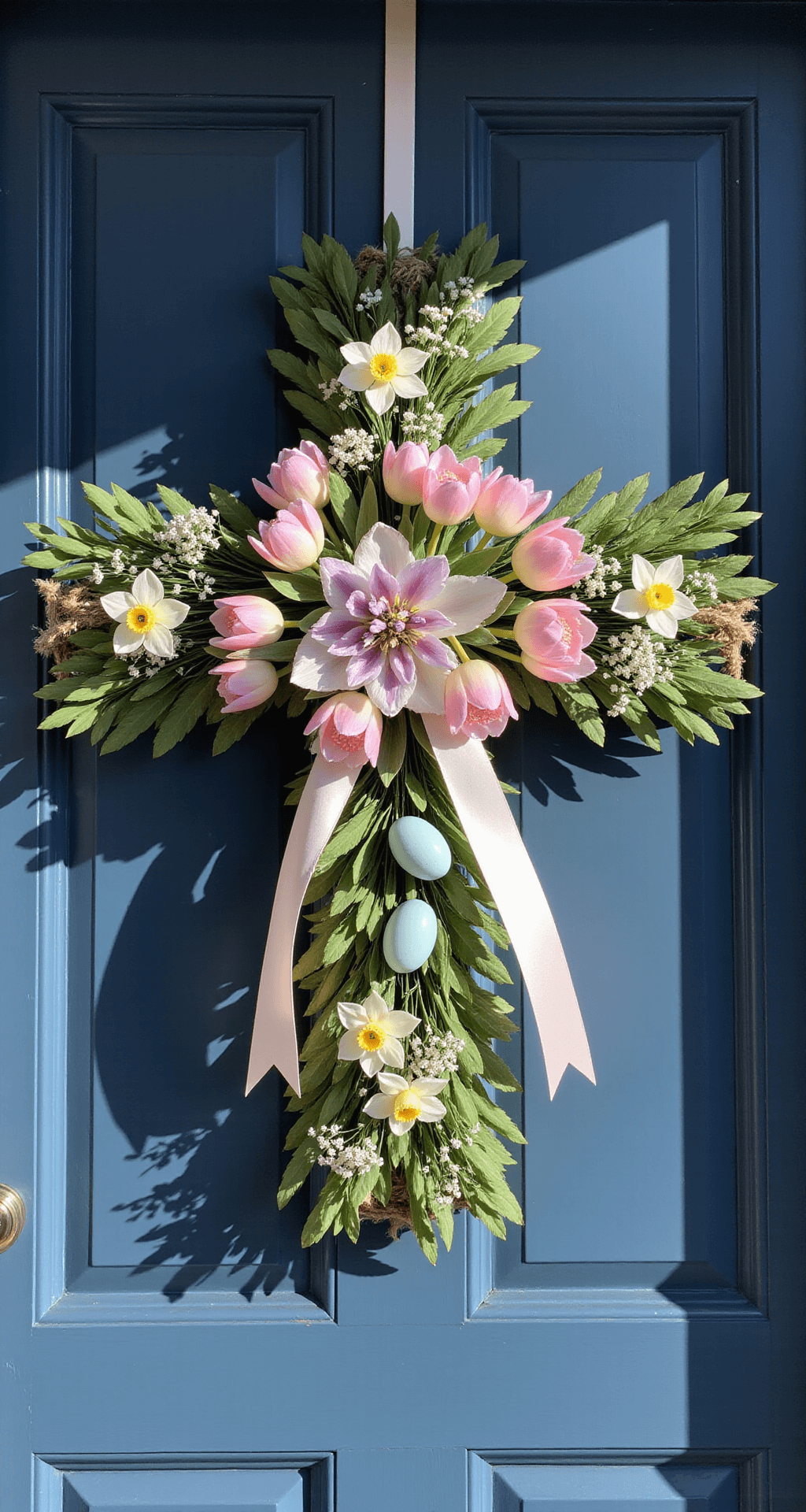 The Front Door Cross Wreath That Finally Made My Neighbors Stop and Stare Photorealistic close-up of a handcrafted Easter cross wreath adorned with pastel tulips, silk daffodils, and baby's breath, against a navy blue door, featuring decorative eggs and natural rope, illuminated by bright spring light.
