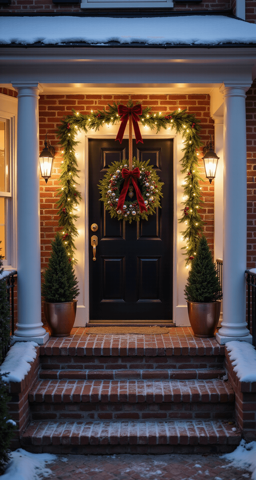 The Front Door Cross Wreath That Finally Made My Neighbors Stop and Stare Photorealistic image of a Christmas-decorated front porch of a red brick home during twilight, featuring a black front door with a large evergreen wreath, flanking topiaries in copper planters, string lights, and snow-dusted brick steps, evoking an elegant holiday atmosphere.