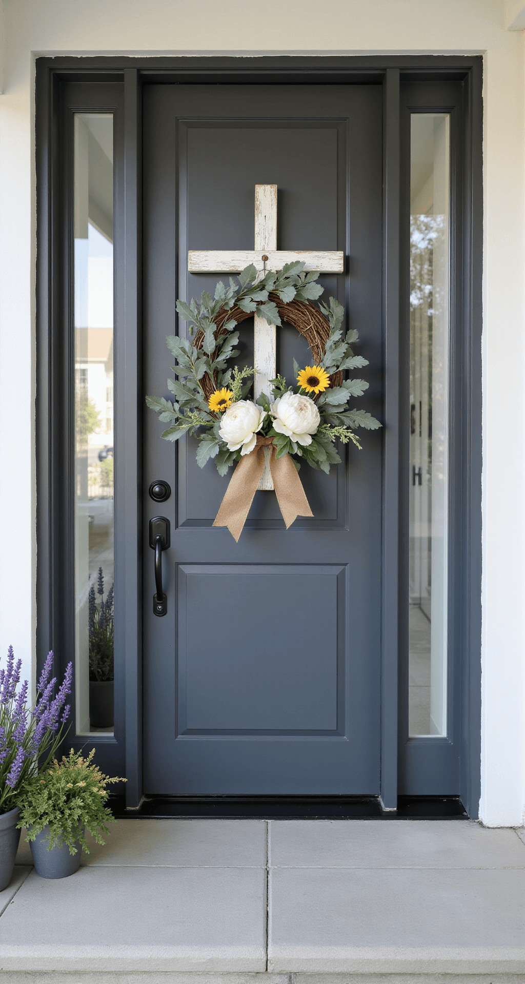 The Front Door Cross Wreath That Finally Made My Neighbors Stop and Stare Photorealistic summer wreath on a charcoal gray farmhouse door, featuring a minimalist design with eucalyptus, white peonies, and sunflowers, accented by a burlap bow, set against a serene morning backdrop with lavender plants and soft shadows.