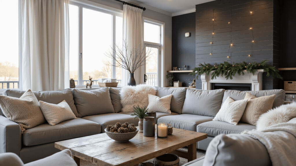 Your Home Doesn't Need Santa to Feel Like Winter: A No-Christmas Decor Guide Cinematic wide shot of an elegant winter living room featuring a dove gray sectional with chunky knit throws, rustic wooden coffee table adorned with pine cones and candles, warm lighting from twinkle lights, and natural decor elements like birch branches and a pine garland, all styled in a cozy neutral palette.