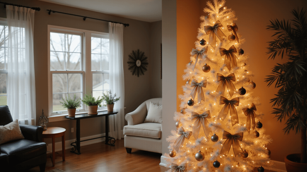 How I Transformed My Dollar Tree Christmas Tree Into a Luxury-Looking Holiday Display Elegant 6-foot Dollar Tree Christmas tree with matte white finish, adorned with layered champagne gold and silver ornaments, warm amber LED lights, soft mesh ribbon, and velvet bows, set in a modern living room with rich hardwood floors and dramatic window lighting casting shadows on taupe walls.