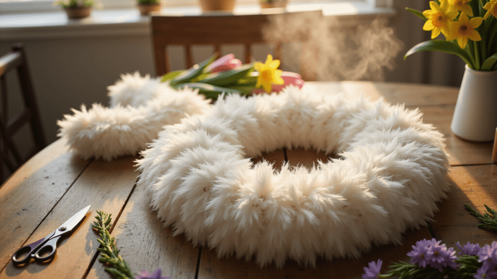 How to Make a Show-Stopping Easter Bunny Wreath from Dollar Tree for Under $10 A close-up of a fluffy white Easter bunny wreath made from feather mop heads on a rustic oak table, surrounded by spring flowers and crafting supplies, illuminated by warm golden hour light, highlighting soft textures and vibrant colors in a cozy DIY setting.