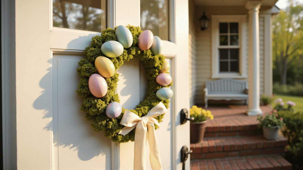 Easter Egg Wreath: Your 30-Minute Gateway to Spring Curb Appeal Vibrant Easter egg wreath with pastel eggs and Spanish moss on a white farmhouse door, warmly lit during golden hour, showcasing intricate details and a cozy spring atmosphere.