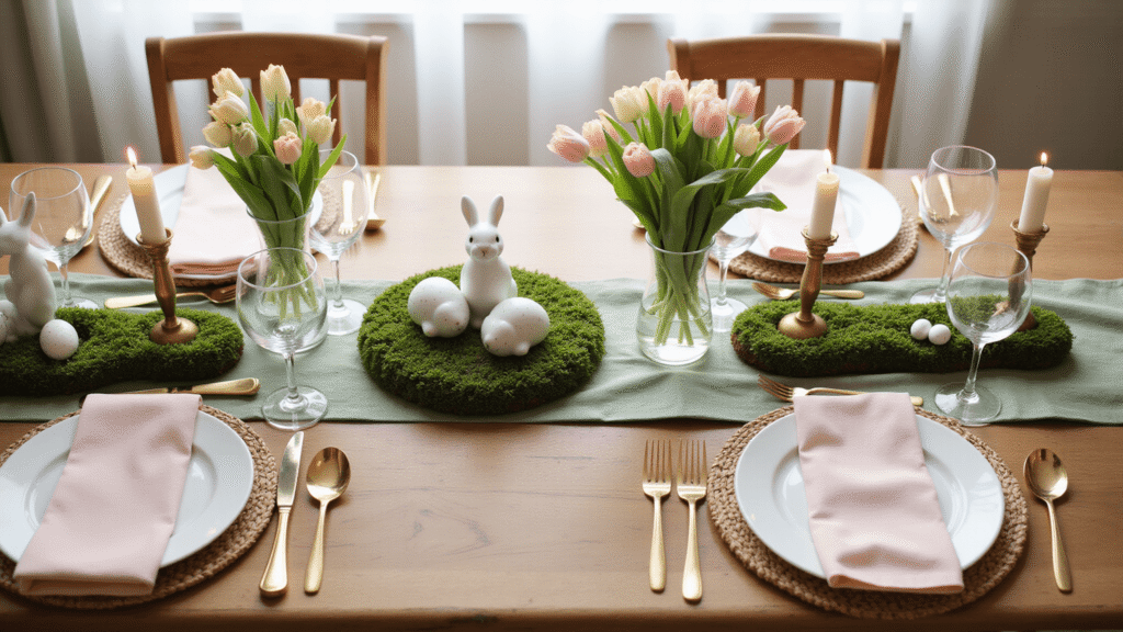 Easter Home Décor That'll Make Your Neighbors Jealous (Without Breaking the Bank) Elegant Easter dining table with sage green runner, blush pink napkins, ceramic bunnies, speckled eggs, and flickering candlelight, all bathed in natural sunlight.