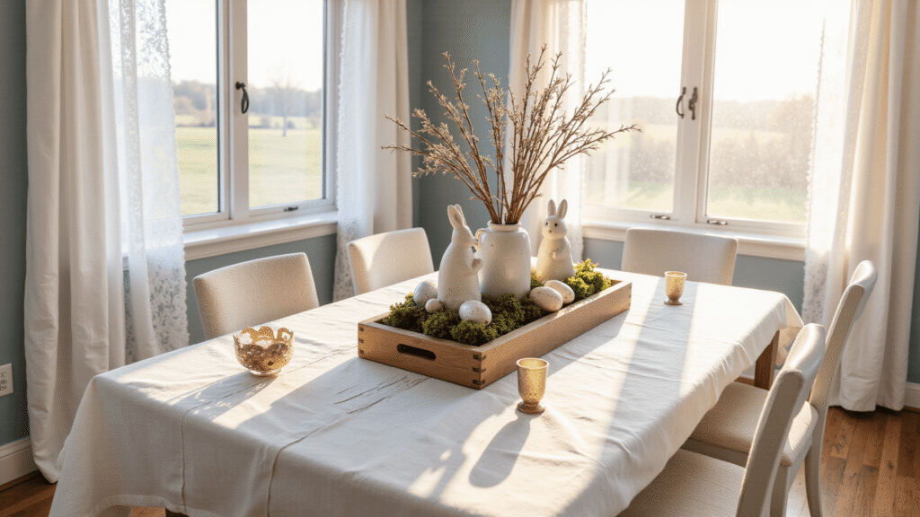 Farmhouse Easter Decor: How I Transform My Home Into a Rustic Spring Haven Cinematic farmhouse dining room adorned with a white linen tablecloth, pastel egg centerpiece, ceramic bunnies, and pussy willow branches, all bathed in warm golden hour sunlight.