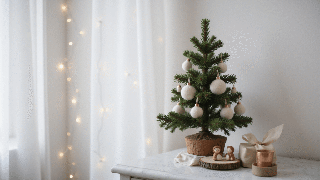 How to Decorate a Small Christmas Tree Without Making It Look Cluttered A minimalist Christmas tree on a white marble console, decorated with cream felt ornaments and natural wood slices, featuring a copper accent and warm fairy lights, surrounded by small wrapped gifts and ceramic figurines in soft morning light.