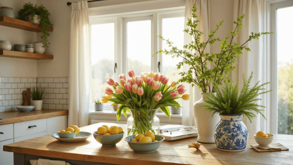 Spring Decor That Actually Makes Your Home Feel Like a Garden (Without the Mud) Bright farmhouse kitchen with morning sunlight, featuring glass vases of pink and yellow tulips, sage green bowls of lemons, tall forsythia branches, and blue and white planters with ferns, all set against white subway tiles and butcher block countertops.