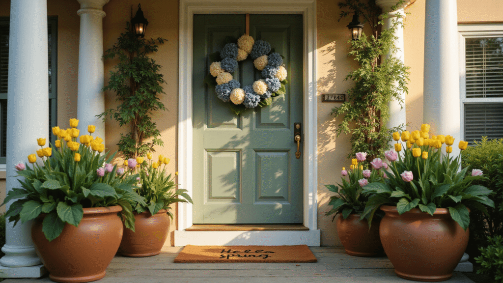 Spring Front Door Decor That Actually Makes Your Neighbors Jealous Elegant sage green front door with a lush hydrangea wreath, flanked by vibrant yellow and pink tulip planters, captured in warm golden hour light, highlighting textures and inviting atmosphere.