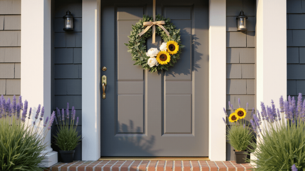 The Front Door Cross Wreath That Finally Made My Neighbors Stop and Stare Photorealistic summer cross wreath made of eucalyptus, white peonies, and sunflowers on a charcoal gray farmhouse door, adorned with a natural burlap bow, surrounded by lavender plants and a rustic porch setting in warm golden hour light.