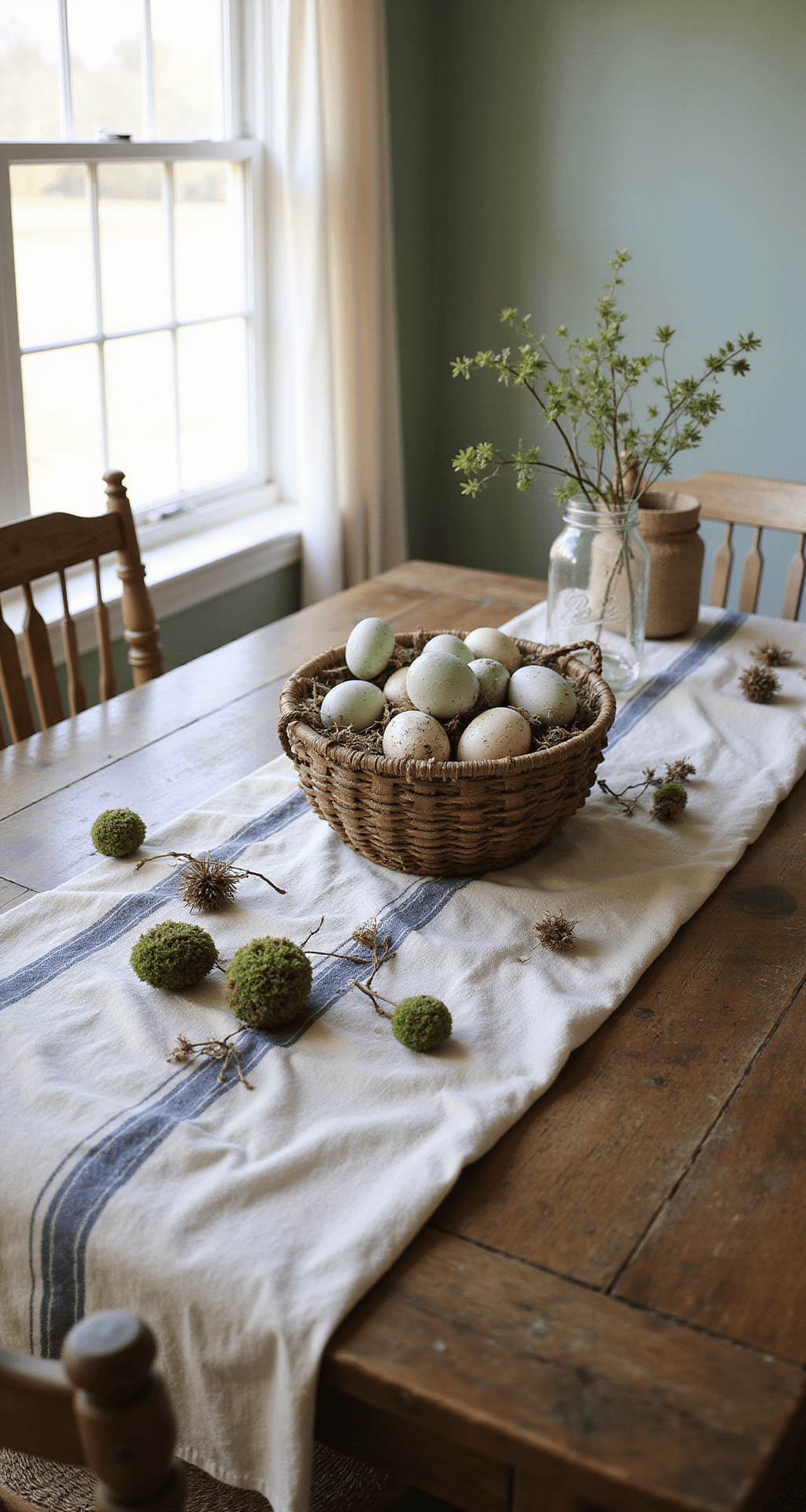 Primitive Easter Decor Ideas That'll Make Your Home Feel Like a Warm Country Cottage A cozy farmhouse dining room with a weathered oak table, hand-woven basket of speckled eggs, vintage towel runner, pussy willow branches, and wildflowers, illuminated by soft morning light through sheer curtains.