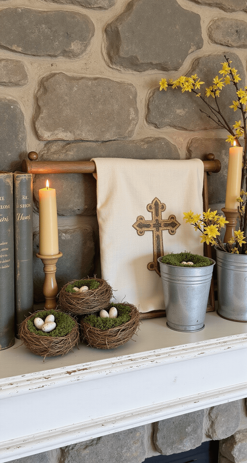 Primitive Easter Decor Ideas That'll Make Your Home Feel Like a Warm Country Cottage A rustic farmhouse mantelpiece for Easter adorned with moss-filled bird nests, speckled quail eggs, vintage hymnals, a hand-carved cross, and galvanized metal buckets of forsythia, all highlighted by warm amber candlelight and aged textures.