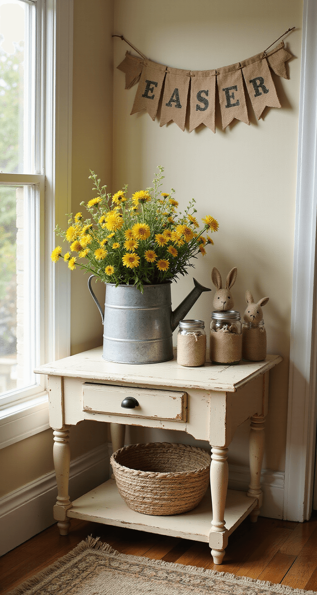 Primitive Easter Decor Ideas That'll Make Your Home Feel Like a Warm Country Cottage A cozy country cottage living room corner with a distressed wooden side table adorned with primitive Easter decorations, including a vintage galvanized watering can filled with wildflowers, hand-stitched fabric bunnies, and mason jars wrapped in cheesecloth. A burlap banner saying 'Happy Easter' hangs above, with warm cream walls and a braided rag rug in earth tones, all illuminated by soft afternoon sunlight.