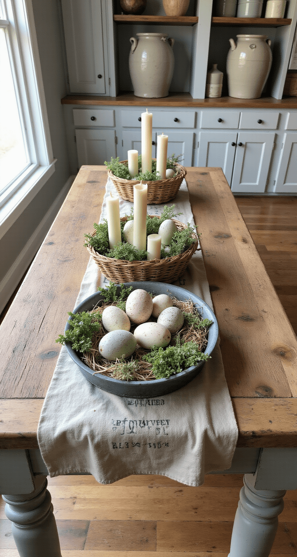 Primitive Easter Decor Ideas That'll Make Your Home Feel Like a Warm Country Cottage A rustic farmhouse kitchen island adorned with primitive Easter decorations, featuring distressed wooden eggs, woven baskets with speckled eggs, and a vintage grain sack table runner, all illuminated by soft morning light.