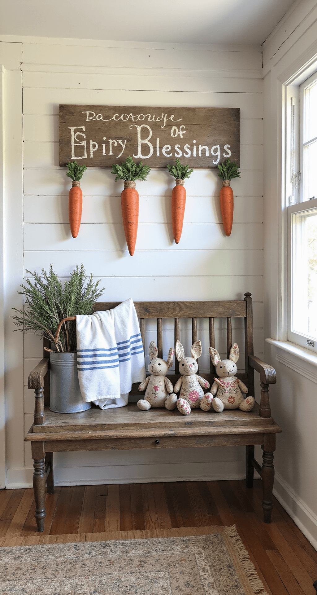 Primitive Easter Decor Ideas That'll Make Your Home Feel Like a Warm Country Cottage A charming farmhouse entryway adorned with primitive Easter decorations, featuring a weathered wooden bench with handmade paper carrots and stuffed fabric bunnies. A distressed wooden sign reading 'Spring Blessings' hangs above, while vintage flour sack towels and a galvanized bucket of pussy willow branches add to the rustic charm. Soft natural light highlights the aged shiplap walls and braided rug, creating a warm, inviting atmosphere.