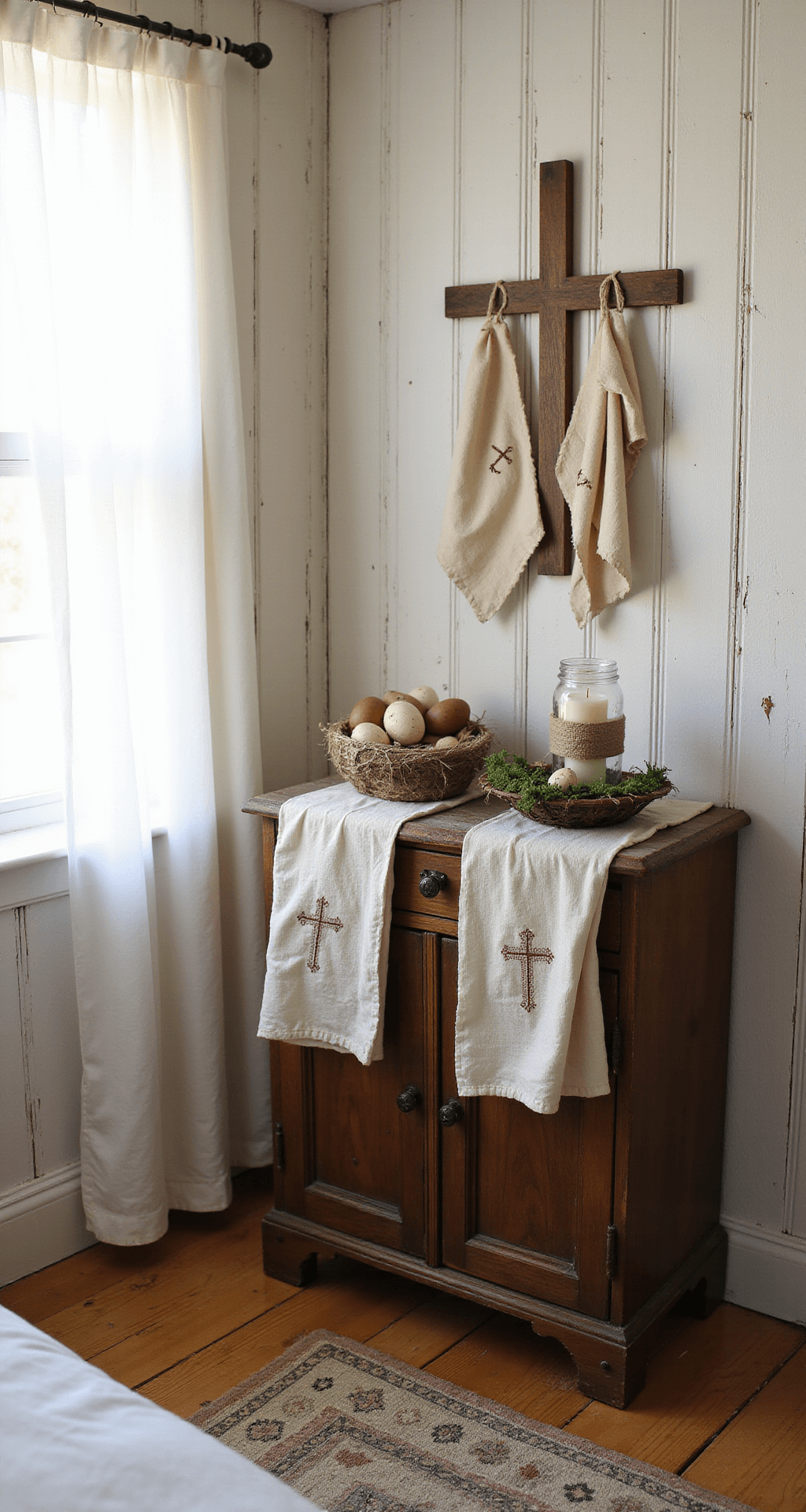 Primitive Easter Decor Ideas That'll Make Your Home Feel Like a Warm Country Cottage A serene farmhouse bedroom corner featuring primitive Easter decor with an antique wooden washstand holding a wooden cross, aged hymnals, and a burlap-wrapped mason jar candle. Delicate embroidered linens drape the furniture, complemented by a moss-lined nest with weathered wooden eggs. Whitewashed walls and sheer linen curtains enhance the peaceful atmosphere, illuminated by soft morning light.