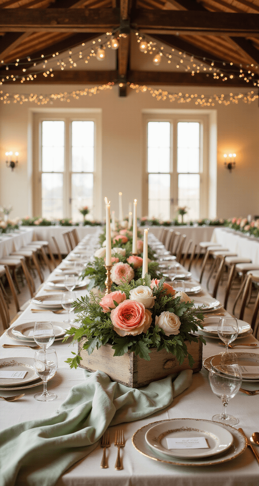 Spring Wedding Decor That'll Make Your Guests Actually Stop Scrolling Through Instagram Wide-angle shot of an elegant wedding reception with blush pink and sage green decor, featuring long tables with ivory linens, lush floral centerpieces, and warm golden hour light streaming through arched windows.