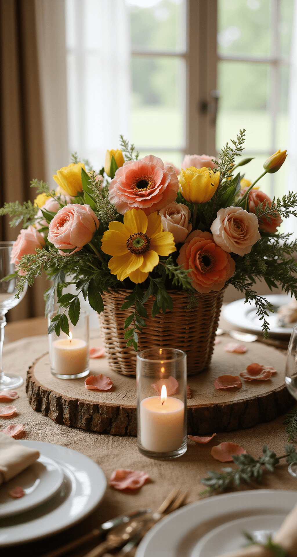 Spring Wedding Decor That'll Make Your Guests Actually Stop Scrolling Through Instagram Close-up of a rustic spring wedding centerpiece featuring a wicker basket filled with coral anemones, yellow tulips, and pink ranunculus on a vintage farm table, illuminated by afternoon sunlight. Birch wood slice, flickering candles, burlap runner, fine china plates, and scattered rose petals enhance the romantic, garden-inspired aesthetic.