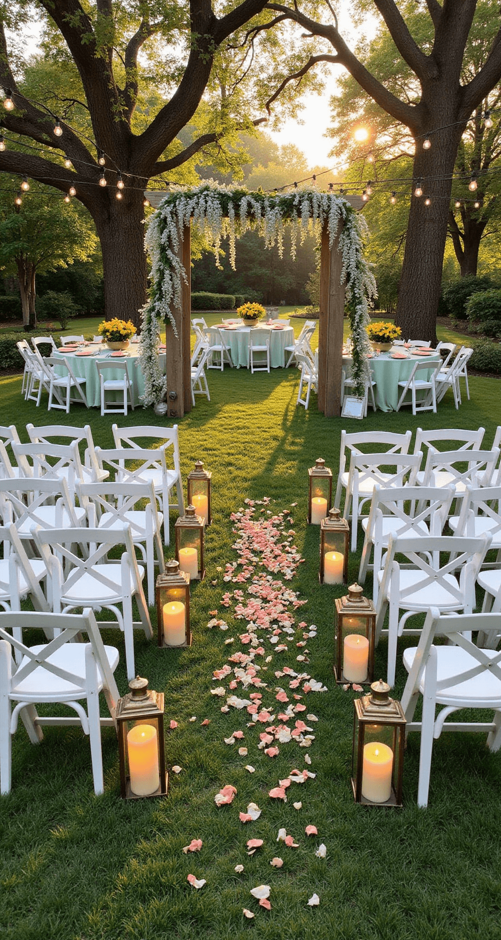 Spring Wedding Decor That'll Make Your Guests Actually Stop Scrolling Through Instagram Aerial view of a romantic outdoor garden wedding ceremony, featuring white cross-back chairs, a rustic wooden arch draped with wisteria, lanterns along the aisle, and tables with mint green linens and wildflower centerpieces, illuminated by string lights and dappled sunlight.