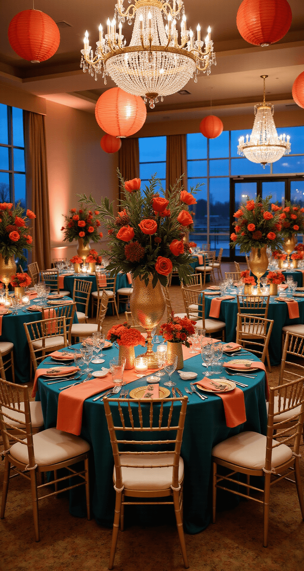 Spring Wedding Decor That'll Make Your Guests Actually Stop Scrolling Through Instagram Interior view of an elegant ballroom reception featuring jewel tones; warm lighting from crystal chandeliers illuminates round tables with deep teal linens, coral silk runners, and vibrant floral centerpieces in gold glass vessels. Chiavari chairs with champagne gold finish surround elegantly set tables with cobalt blue charger plates and crystal glassware, framed by dramatic floor-to-ceiling windows showcasing a twilight sky, while colorful paper lanterns add depth and visual interest.