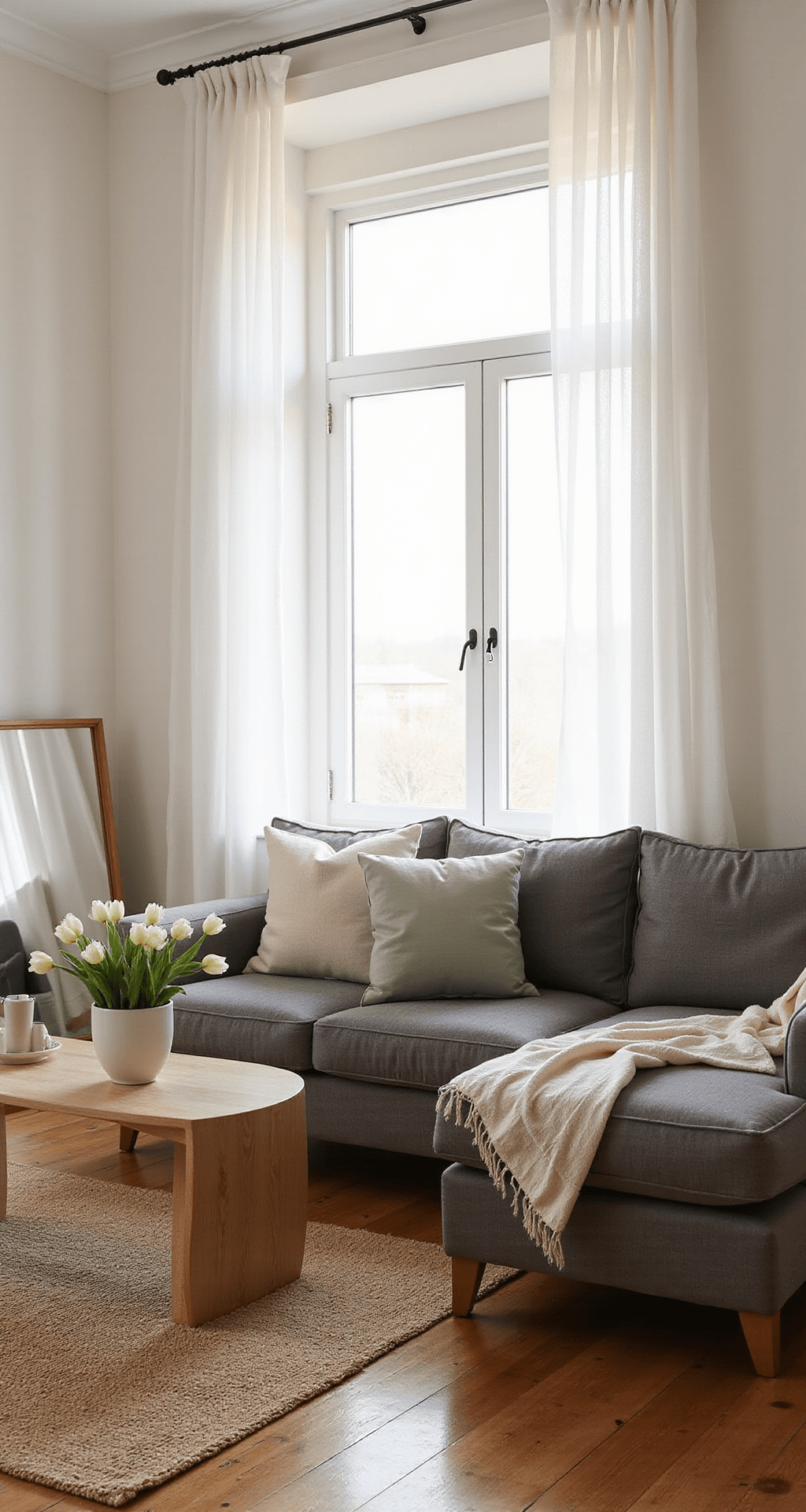 Spring Room Decor: How I Transform My Home When the Season Changes A minimalist living room featuring a charcoal grey linen sectional sofa with cream and sage green throw pillows, a light oak coffee table with a white vase of tulips, and a natural jute rug. Soft natural light streams through sheer curtains at golden hour, enhancing the airy atmosphere and showcasing hardwood floors and a decorative mirror.