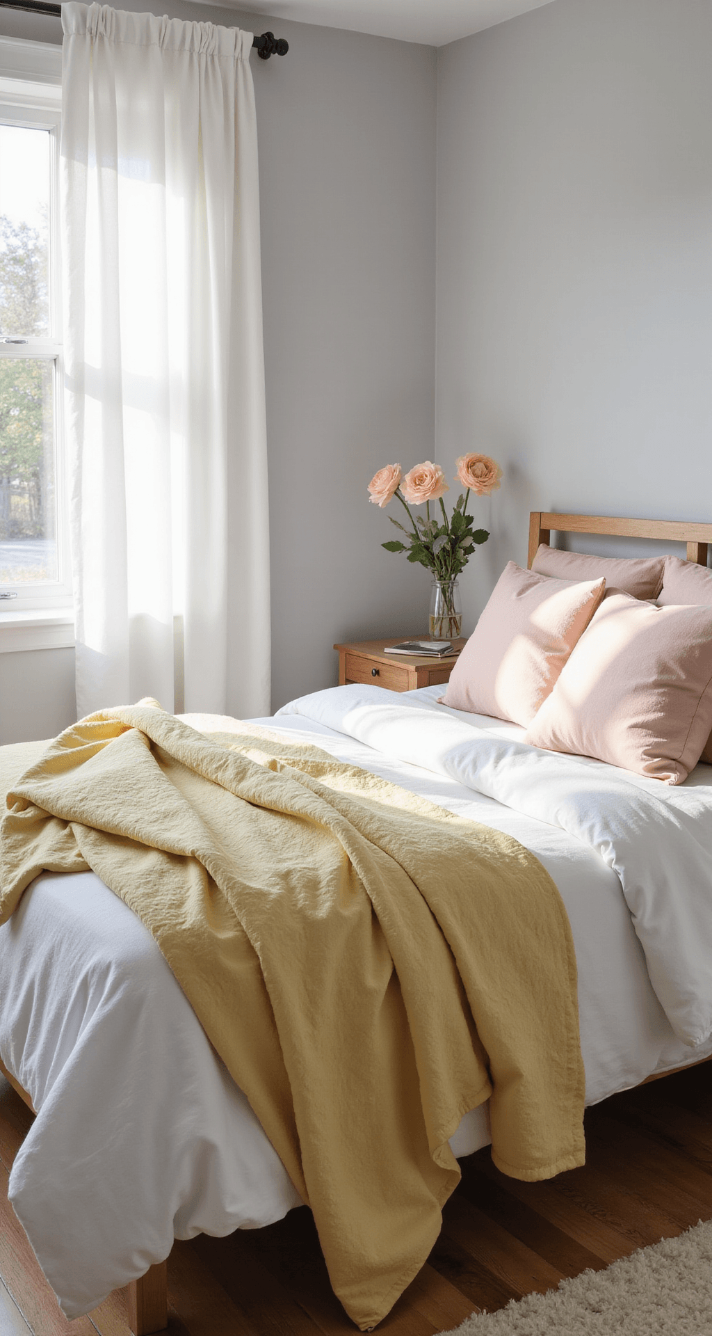 Spring Room Decor: How I Transform My Home When the Season Changes Photorealistic bedroom interior viewed from the foot of a king bed, featuring crisp white linens, blush pink shams, and a soft yellow quilt. A glass vase with pale peach ranunculus sits on a natural oak nightstand, bathed in warm morning light filtering through white cotton curtains. Light grey walls and hardwood floors with a cream rug complete the serene atmosphere.