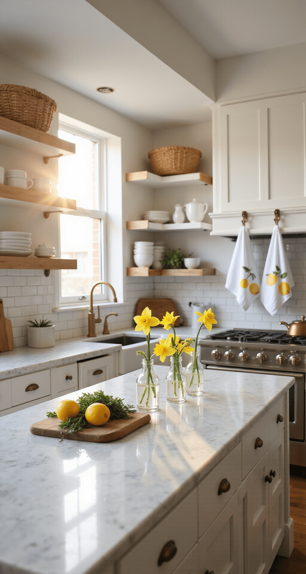 Spring Room Decor: How I Transform My Home When the Season Changes Photorealistic image of a galley-style kitchen bathed in warm golden hour light, featuring white subway tile, marble countertops, white shaker cabinets with brass hardware, open shelving with ceramic dishes and woven baskets, a kitchen island adorned with yellow daffodil vases, fresh herbs and citrus on a wooden cutting board, and white towels with lemon print.