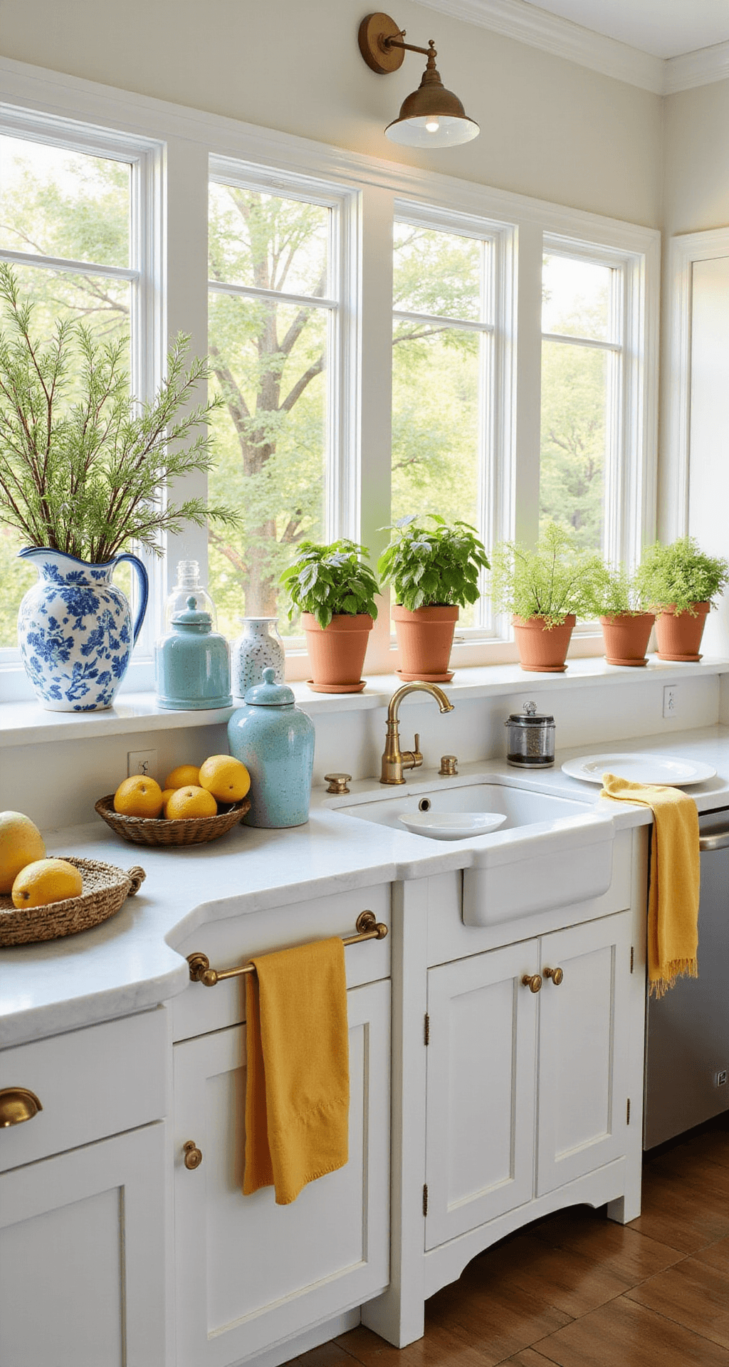 How I Transform My Kitchen for Spring Without Spending a Fortune A bright spring kitchen with large windows letting in golden morning light, featuring white quartz countertops, robin's egg blue ceramic canisters, and a blue and white pitcher with faux flowering branches, complemented by white shaker cabinets, brass hardware, and butter yellow tea towels at the farmhouse sink. Terra cotta herb pots with fresh basil and thyme line the windowsill, while orange accent pieces and a woven basket with faux fruits enhance the airy, fresh atmosphere.