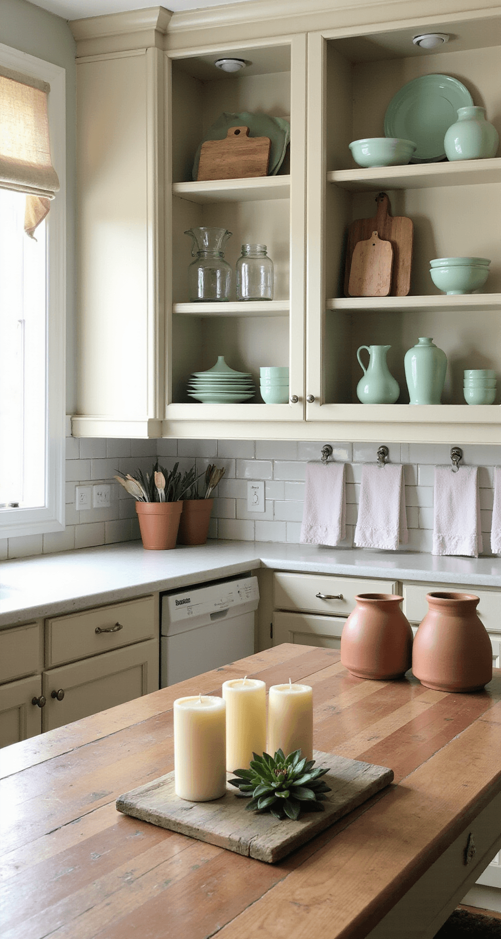 How I Transform My Kitchen for Spring Without Spending a Fortune An intimate spring kitchen vignette featuring open shelving with pistachio green ceramic dishes, clear glass vases, and vintage breadboards, set in a galley kitchen with cream-colored cabinets and soft afternoon light. The scene includes blush pink accents, a wooden countertop with cream candles and a succulent, and terra cotta utensil holders, all thoughtfully styled with a serene and curated atmosphere.