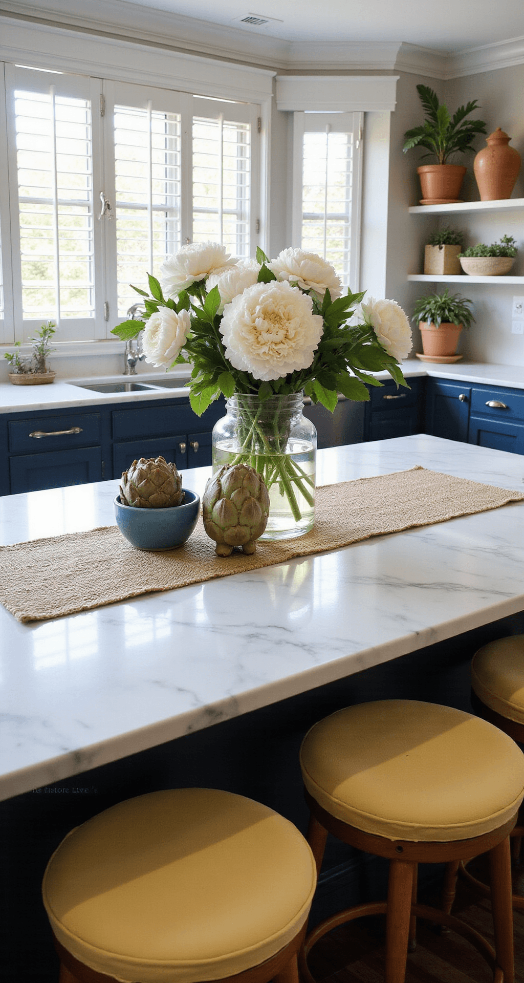 How I Transform My Kitchen for Spring Without Spending a Fortune A spacious kitchen island adorned with fresh white peonies and ranunculus in a glass vase, surrounded by terra cotta planters and vintage ginger jars, featuring white marble countertops, navy lower cabinets, and early evening light filtering through plantation shutters.