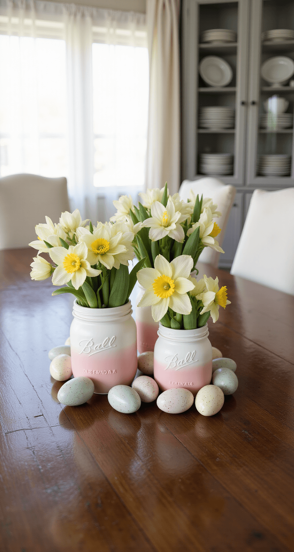 DIY Easter Decorations That Won't Make You Want to Pull Your Hair Out A sophisticated dining room with a mid-sized mahogany table set with elegant Easter centerpieces, featuring graduated ombre mason jars filled with white tulips and pale yellow daffodils, surrounded by speckled ceramic eggs, all captured in soft natural light during golden hour.