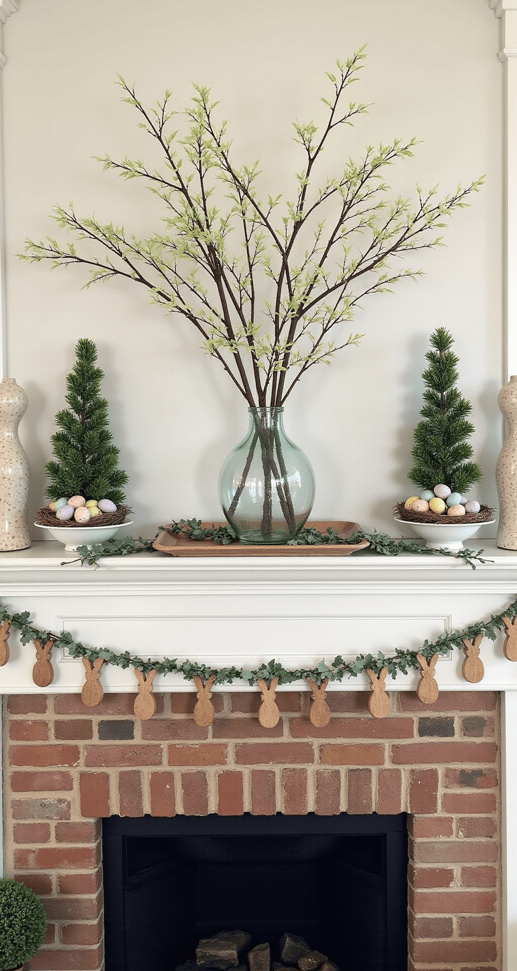 DIY Easter Decorations That Won't Make You Want to Pull Your Hair Out A rustic Easter-themed living room mantel featuring a white wood mantel above an exposed brick fireplace, adorned with budding cherry branches in a glass vase, pastel-painted topiary trees, ceramic nest bowls with speckled eggs, and wood bead bunny garlands, all highlighted by warm afternoon sunlight.