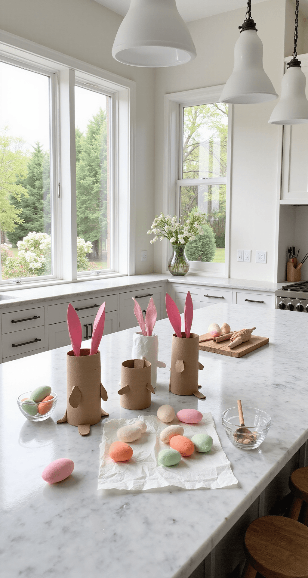 DIY Easter Decorations That Won't Make You Want to Pull Your Hair Out A bright kitchen island workspace featuring budget-friendly Easter crafts, including toilet paper roll bunnies, watercolor-painted foam eggs, and salt dough egg shapes, all organized on a large white quartz island with natural textures and pendant lights above.