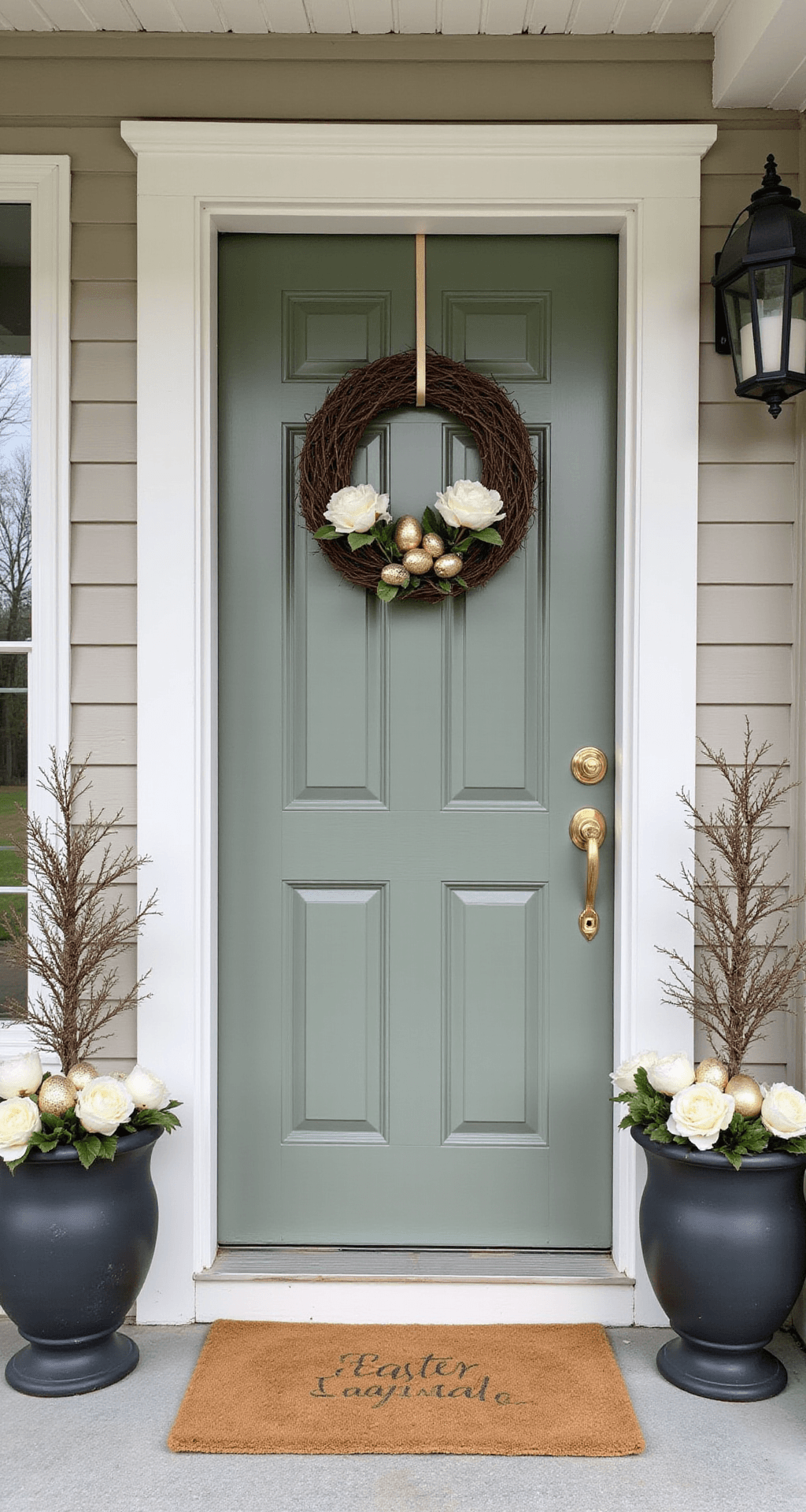 DIY Easter Decorations That Won't Make You Want to Pull Your Hair Out Elegant entryway with a sage green front door and brass hardware, featuring a grapevine wreath adorned with gold foil eggs and white peonies, flanked by large matte charcoal ceramic planters with topiary trees. A honey-colored welcome mat lies on a gray stone porch, with a white doorframe and sidelights showcasing frosted glass panels. The background reveals a manicured lawn and budding trees, captured in soft overcast daylight with a shallow depth of field.