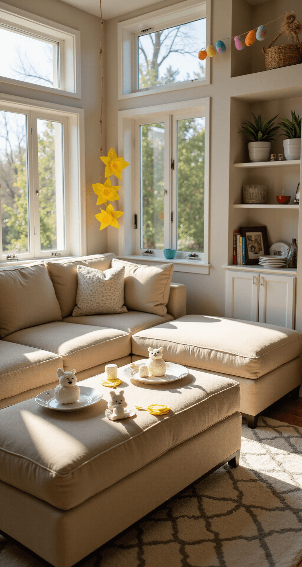 DIY Easter Decorations That Won't Make You Want to Pull Your Hair Out Cozy family room with kid-friendly Easter decorations, including marshmallow bunny rabbits, paper daffodil cutouts, and vibrant sponge-painted egg artwork, all illuminated by warm afternoon sunlight.