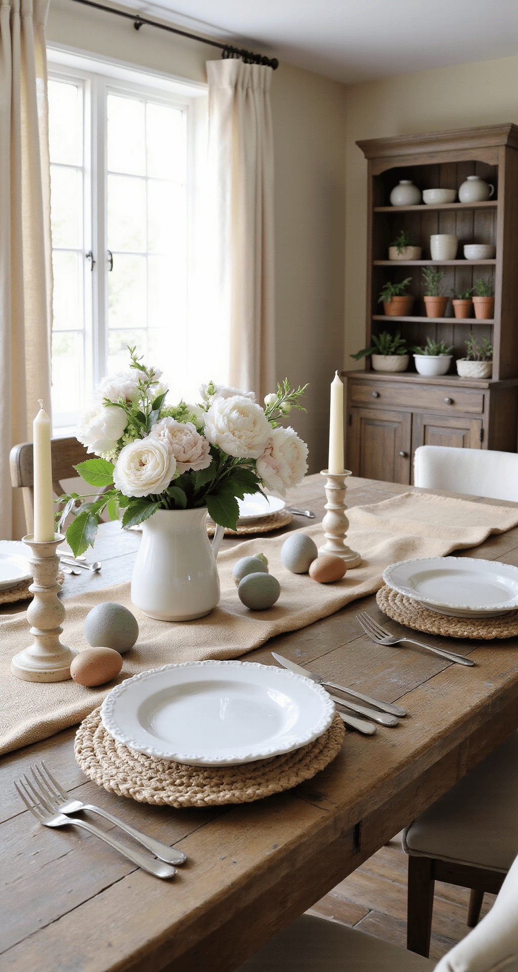 Rustic Spring Decor: How to Create Farmhouse Charm Without Breaking the Bank Spacious dining room with morning light, featuring a weathered oak farmhouse table set with white ironstone plates, fresh peonies and cherry blossoms in a ceramic pitcher, cream-colored candlesticks, and rustic decor, creating a warm farmhouse spring atmosphere.