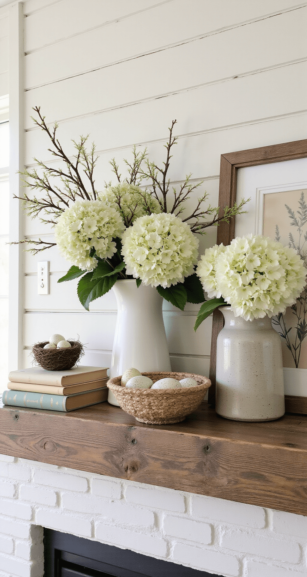Rustic Spring Decor: How to Create Farmhouse Charm Without Breaking the Bank Interior shot of a rustic fireplace mantel adorned with spring elements; featuring vintage leather-bound books, a bird's nest with speckled eggs, white hydrangeas in a ceramic vase, jute trays with wooden accents, and pressed botanical prints, all illuminated by soft afternoon light.