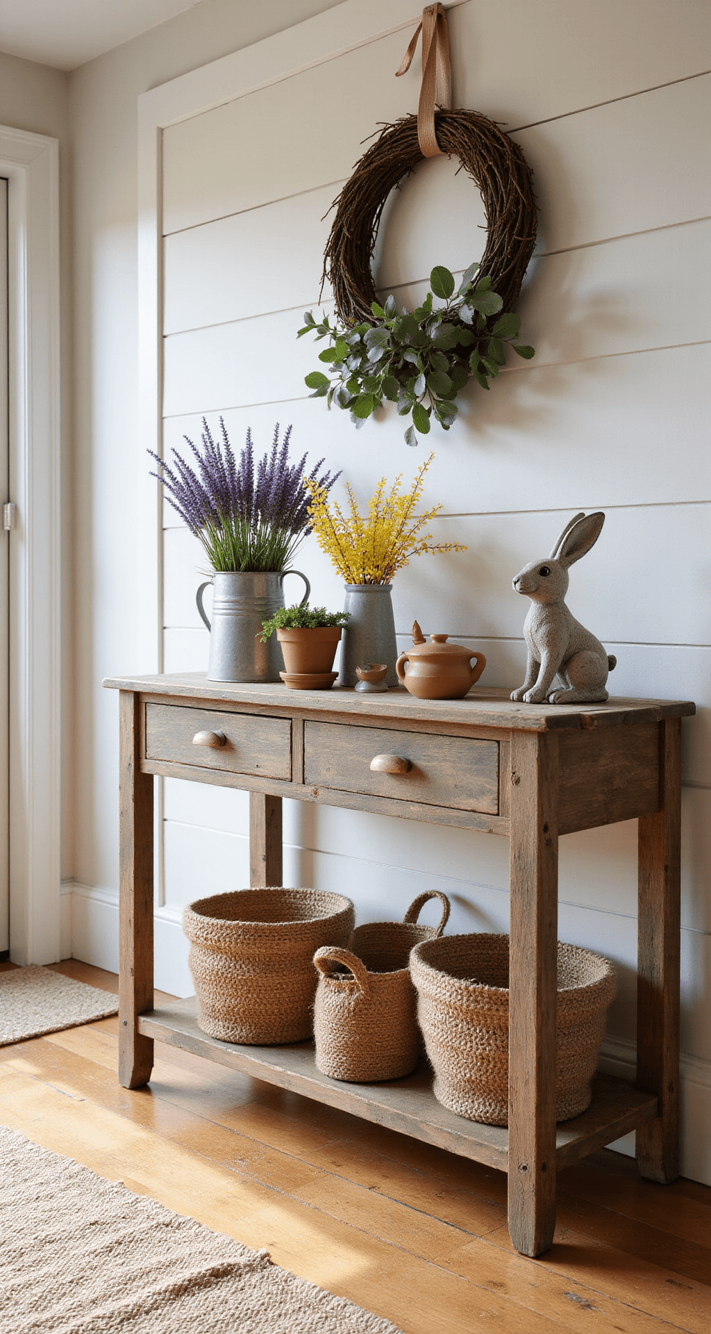 Rustic Spring Decor: How to Create Farmhouse Charm Without Breaking the Bank Interior farmhouse entryway bathed in golden hour light, featuring a rustic wooden console table with lavender in galvanized containers and a vintage ironstone pitcher with forsythia, a grapevine wreath on a shiplap wall, jute baskets below, a weathered bunny, and warm sunlight filtering through a window.