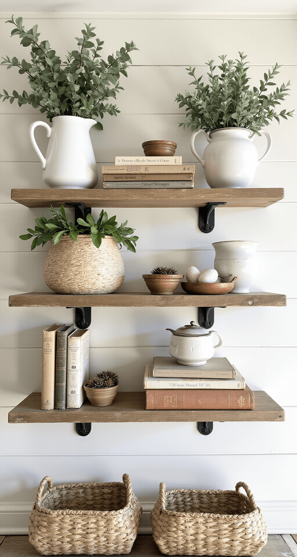 Rustic Spring Decor: How to Create Farmhouse Charm Without Breaking the Bank Interior photo of floating wooden shelves styled with rustic spring decor, featuring white ceramic vessels, vintage books, fresh greenery, a white ironstone pitcher with flowering quince, and woven baskets, all accentuated by bright natural light and a white shiplap backdrop.