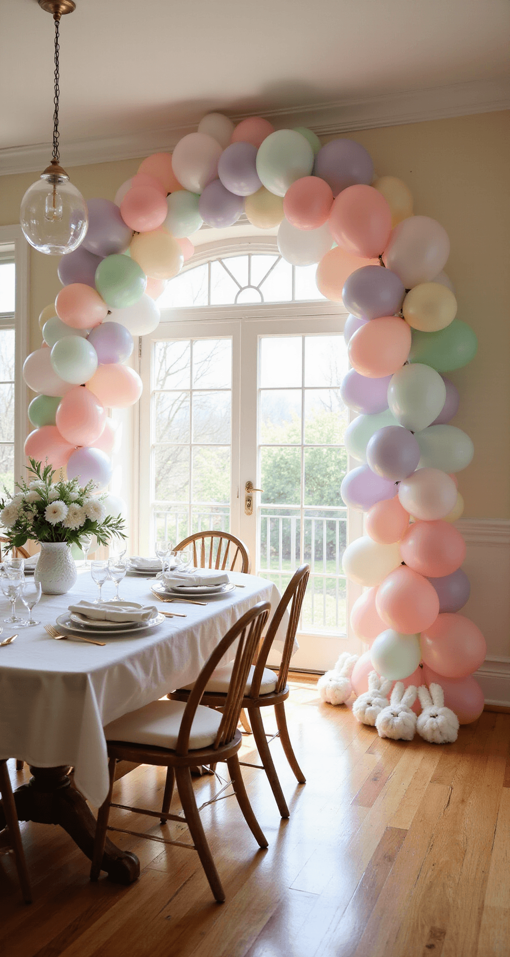 Easter Balloon Decorations That'll Make Your Celebration Pop (Without Popping Your Budget) Photorealistic wide-angle view of a bright Easter dining room with a pastel balloon arch in soft pink, lavender, mint green, and white, framing the doorway. The table is elegantly set for eight with white linens and spring flowers, while morning sunlight illuminates the space, casting gentle shadows on the polished oak floor adorned with cotton ball bunny tails.